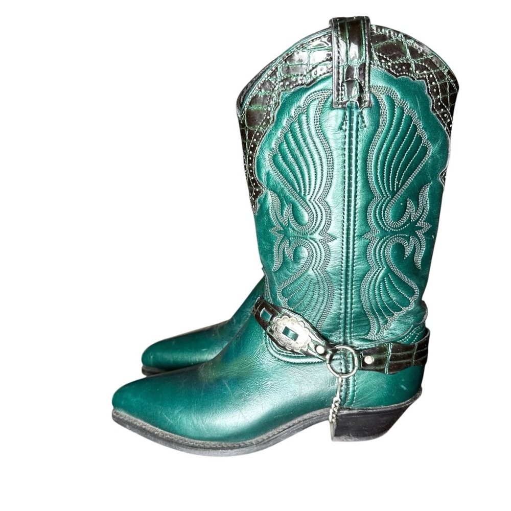 Vintage Abilene Cowboy Boots Metallic Green Southwestern / Croc Print Leather